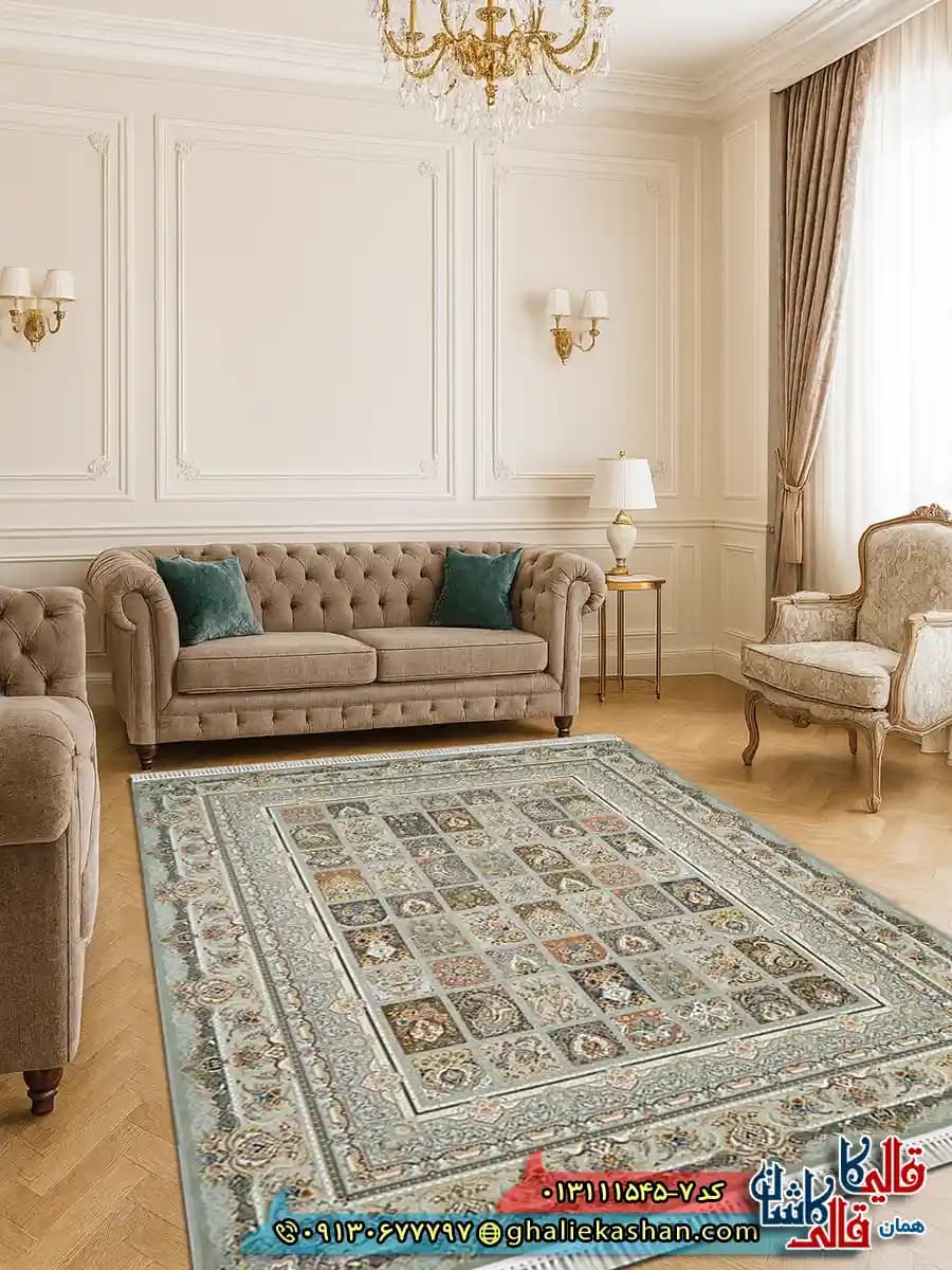 فرش 1500 شانه طرح خشتی زمینه نقره ای کاشان – گل برجسته