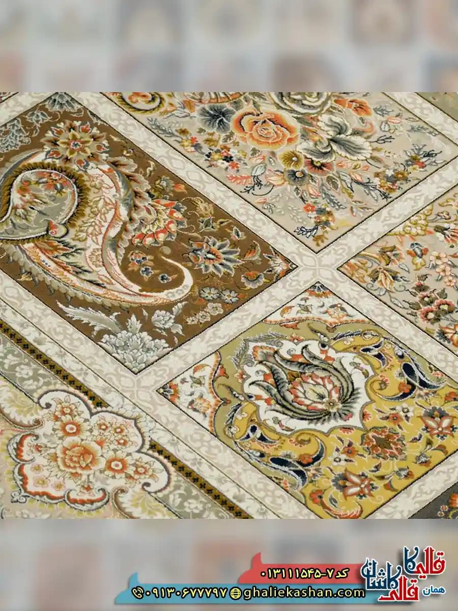 فرش 1500 شانه طرح خشتی زمینه نقره ای کاشان – گل برجسته — تصویر ۵