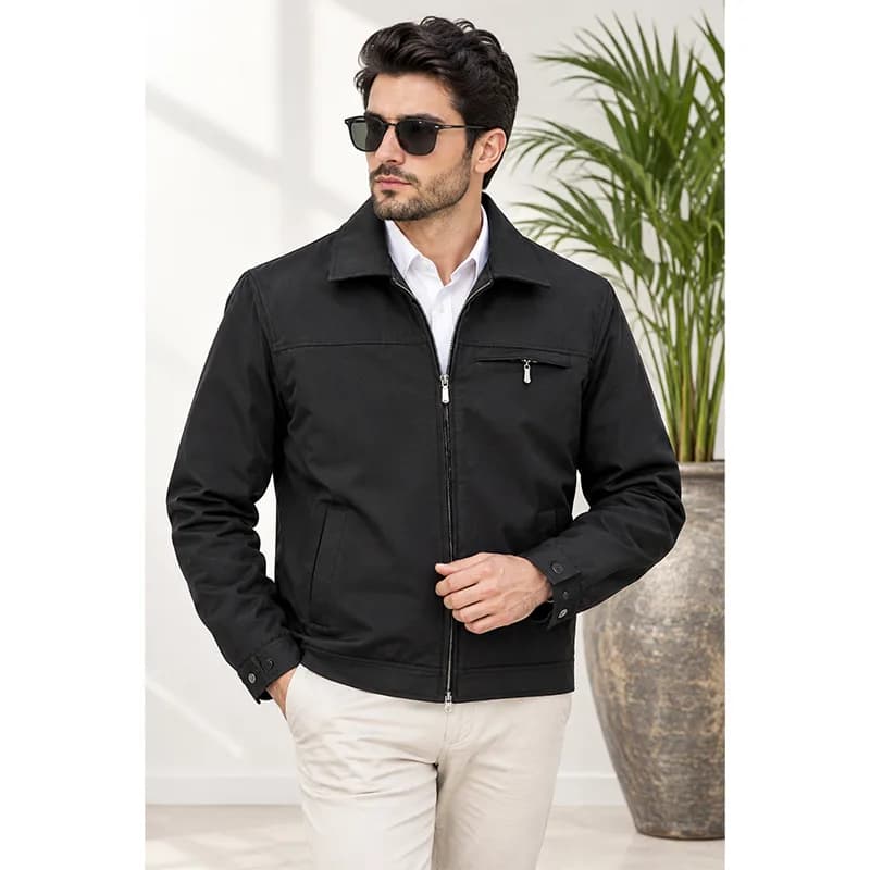 کاپشن مردانه ساتنا 2 جیب مشکی یقه کتی – سایز L تا XXXL — تصویر ۲