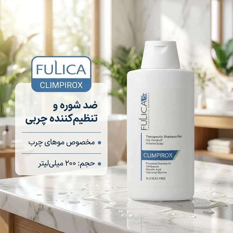 شامپو ضد ریزش مو فولیکا مخصوص موهای چرب، حجم 200 میلیلیتر مدل CLIMPIROX، ضدشوره و تنظیمکننده چربی — تصویر ۲