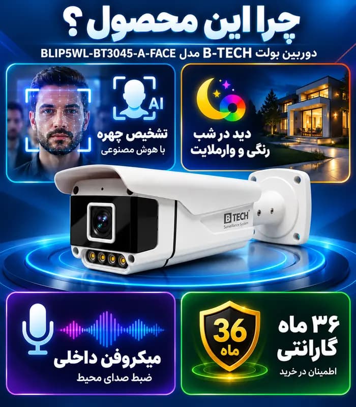 دوربین بولت IP کیفیت 5MP لنز 3.6mm دید در شب رنگی (وارم لایت) + تشخیص چهره + میکروفن برند B-TECH مدل BLIP5WL-BT3045-A-FACE — تصویر ۷