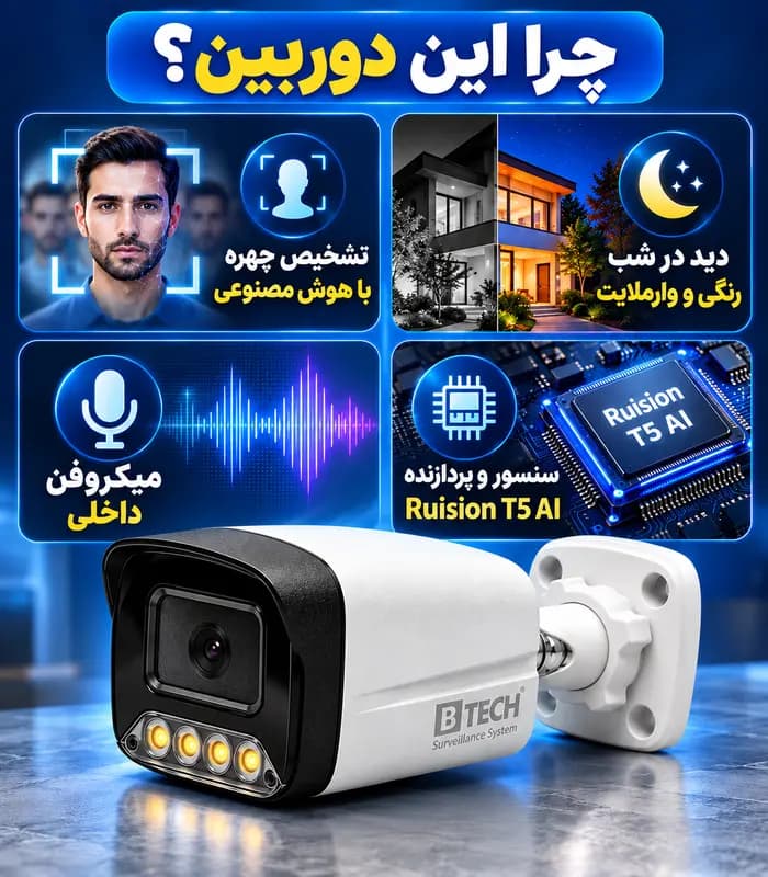 دوربین بولت IP کیفیت 5MP لنز 3.6mm دید در شب رنگی (وارم لایت) + تشخیص چهره + میکروفن برند B-TECH مدل BMIP5WL-BT9810-A-FACE — تصویر ۷