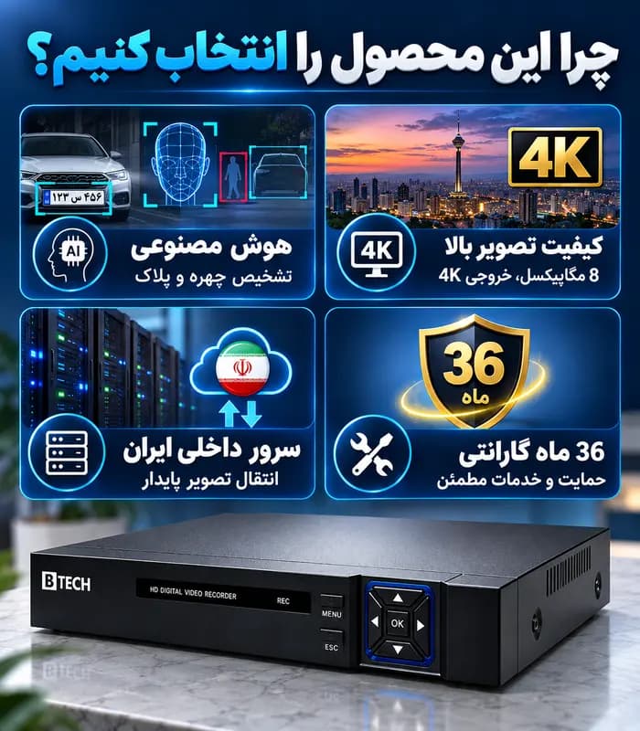 دستگاه IP NVR ده کانال 8MP ساپورت خروجی 4K تصویر هوش مصنوعی برند B-TECH مدل BT-810AI سرور داخلی (ایران) — تصویر ۷