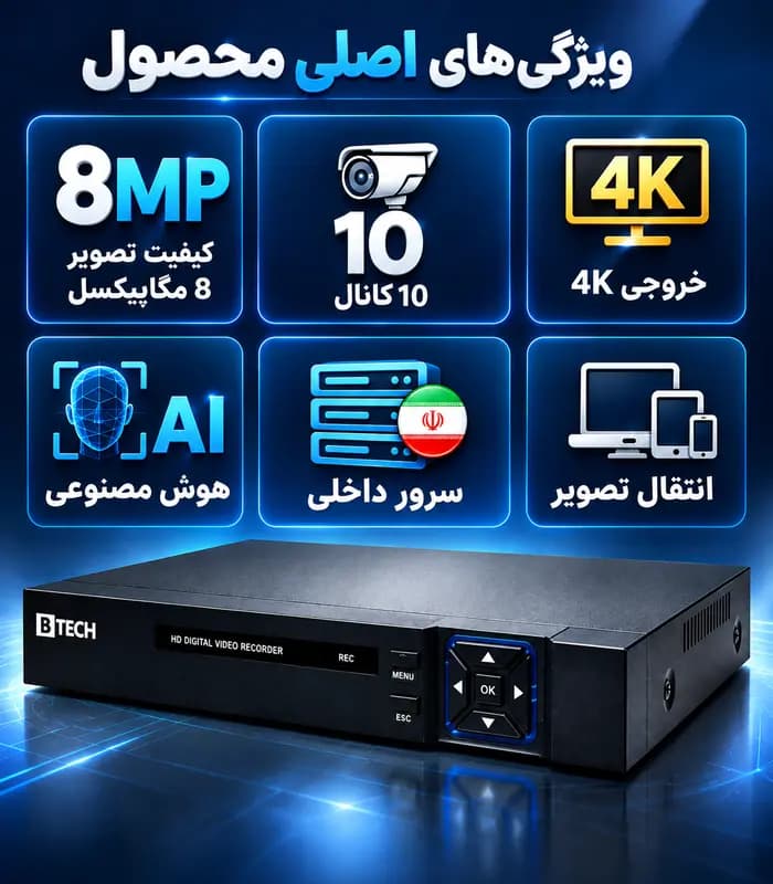 دستگاه IP NVR ده کانال 8MP ساپورت خروجی 4K تصویر هوش مصنوعی برند B-TECH مدل BT-810AI سرور داخلی (ایران) — تصویر ۶