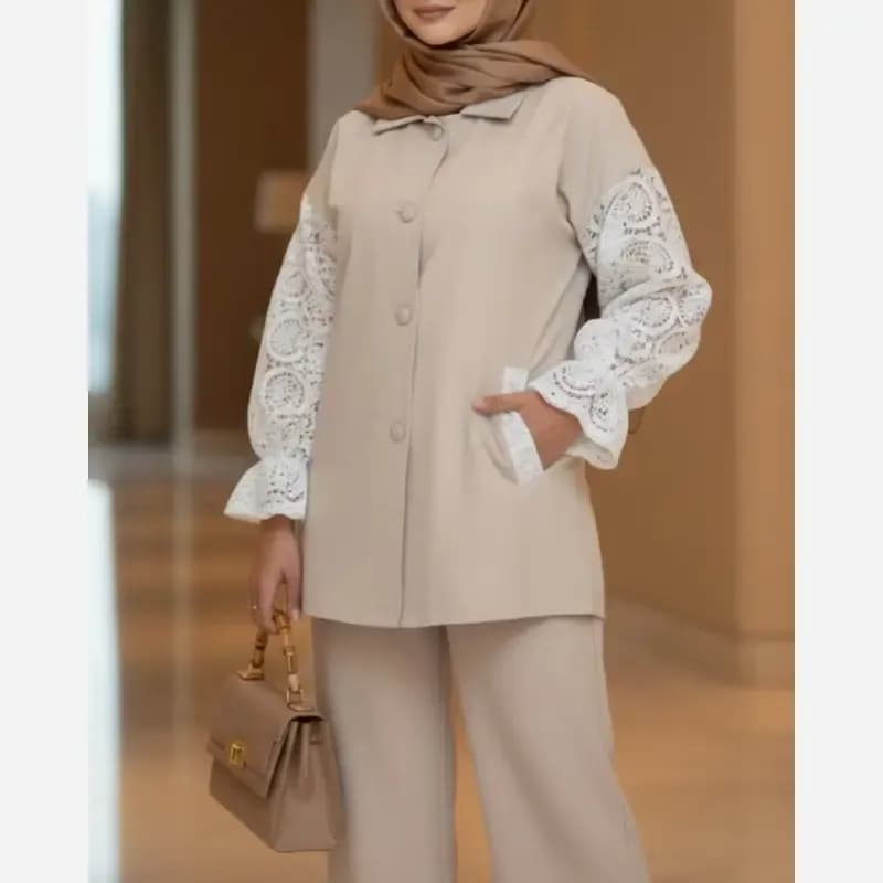 شومیز زنانه لینن آستین دانتل مدل درنا سایز 36 تا 48 — تصویر ۲