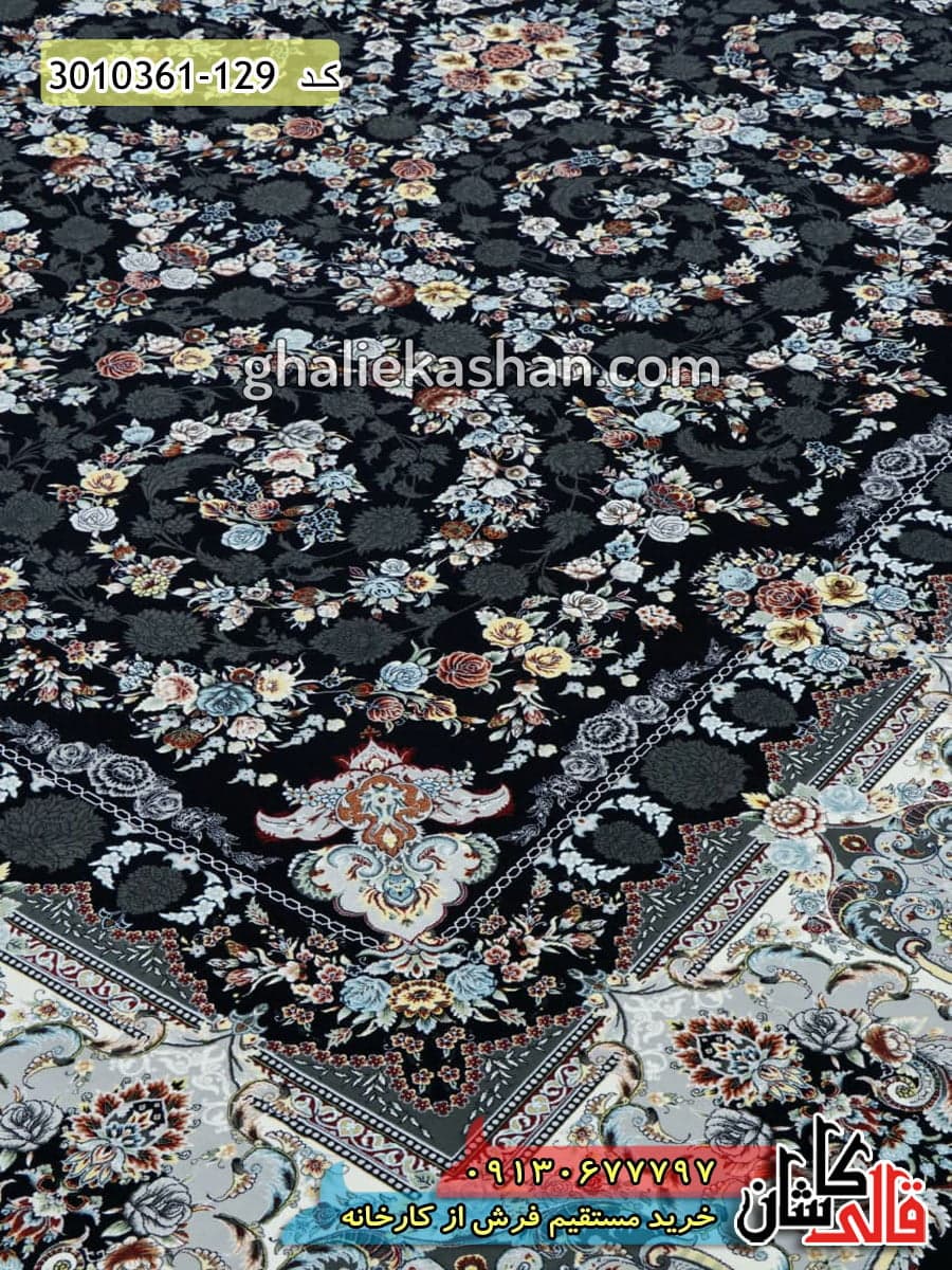 فرش 1200 شانه طرح افشان ارغوان زمینه سرمه ای کاشان — تصویر ۲