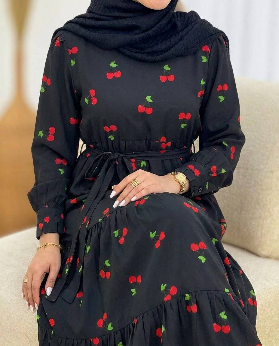 پیراهن زنانه طرح گیلاس بلند فری سایز جنس بوگاتی رنگ مشکی sg161131 — تصویر ۲