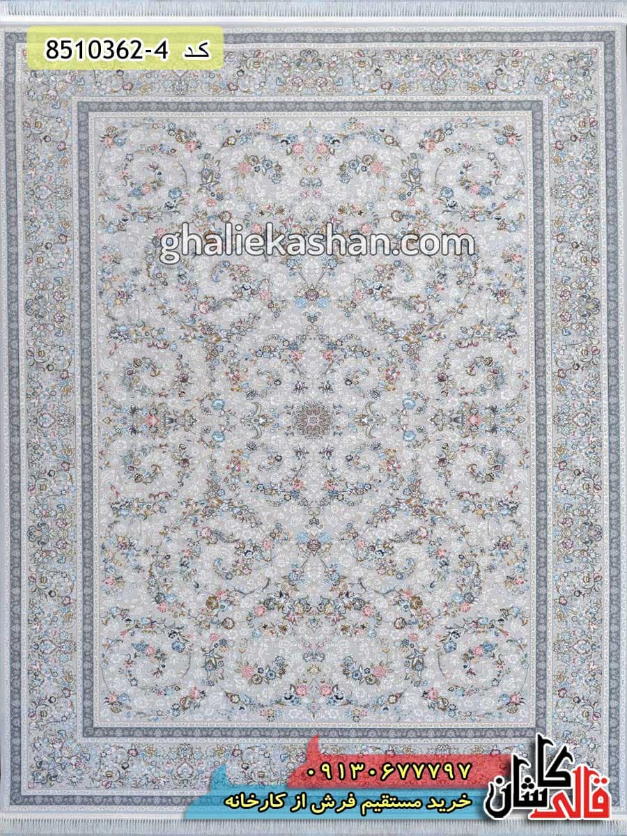 فرش 1200 شانه طرح گل افشان زمینه نقره ای کاشان – گل برجسته