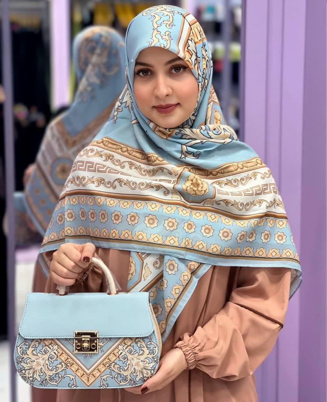 ست کیف و روسری زنانه طرح جدید سورنا آبی کیفیت عالی کد mo813 — تصویر ۲