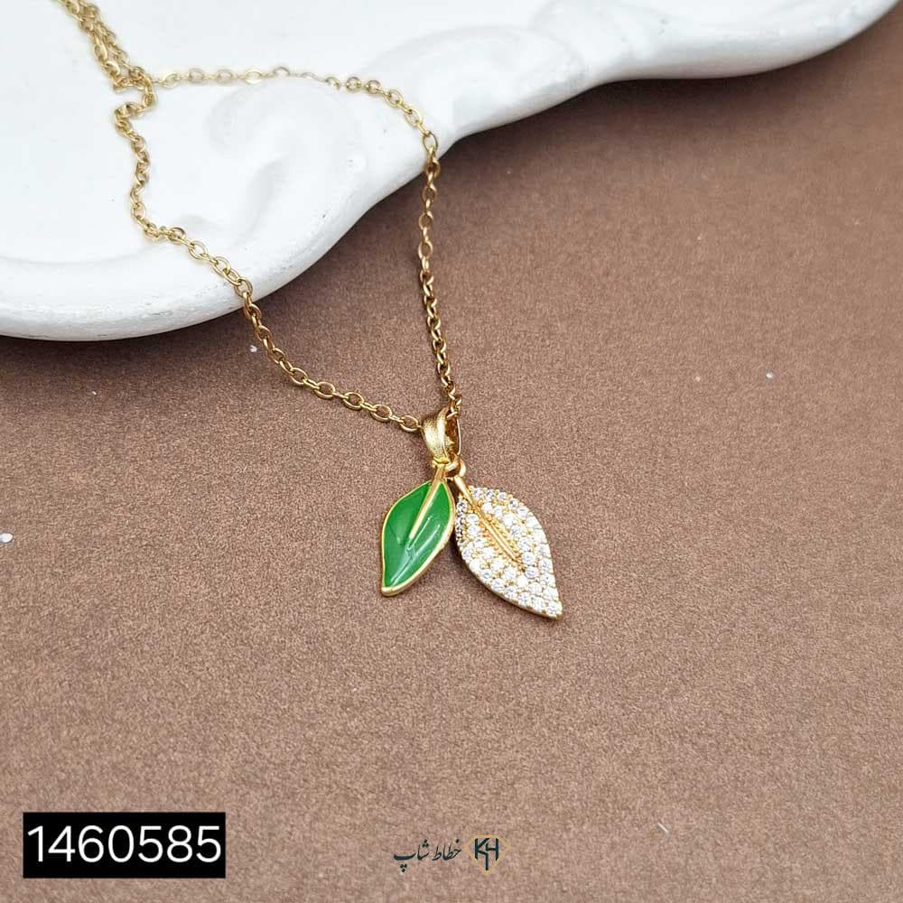 گردنبند مینیمال نگین دار طلایی (2برگ سبزواتمی)