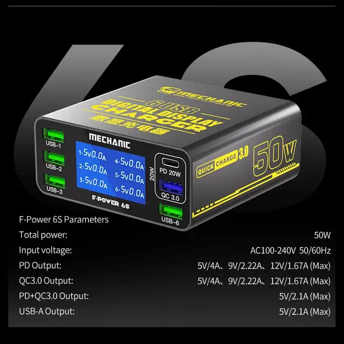 مولتی شارژر رومیزی مکانیک مدل MECHANIC F-Power 6S با توان 50 وات — تصویر ۲