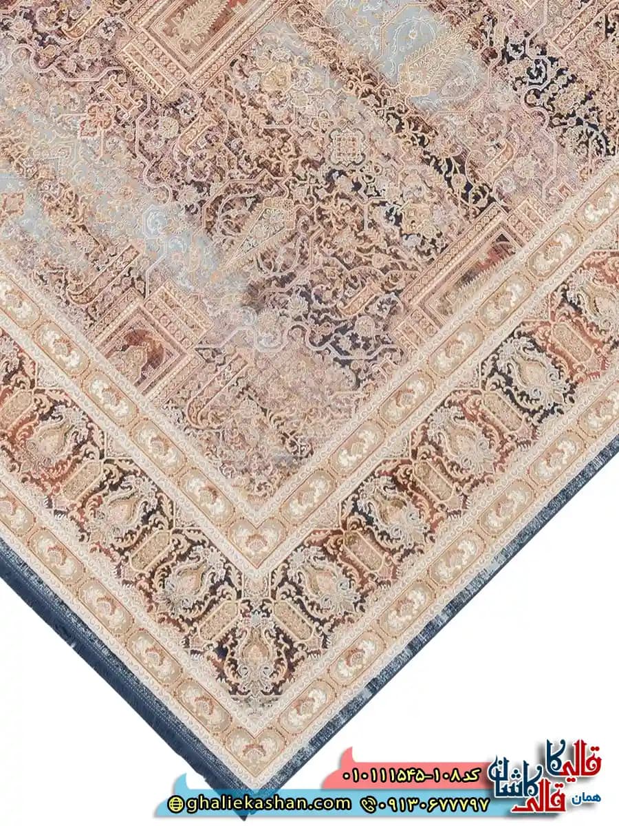 فرش وینتیج 1500 شانه طرح افشان ونداد رنگ آبی بژ گل برجسته کاشان — تصویر ۵