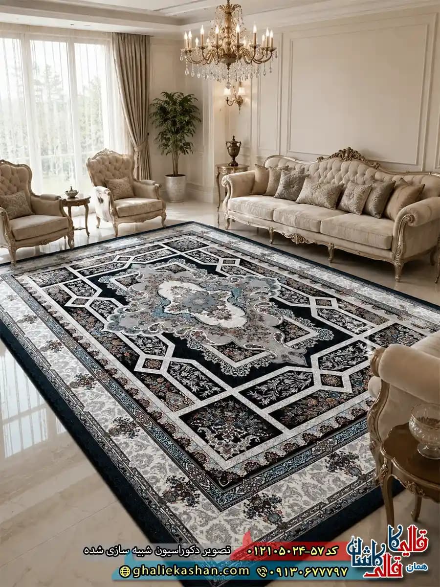 فرش طرح 700 شانه ( 500 شانه ) طرح خزان زمینه سرمه ای کاشان