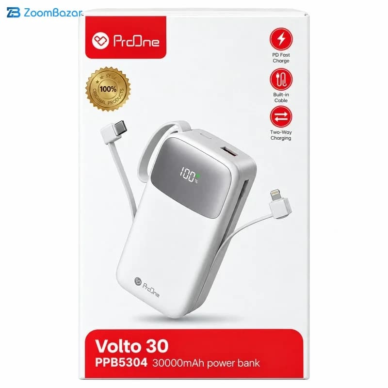 پاوربانک پرووان 30000 میلیآمپر 22.5 وات مدل ppb5304 به همراه کابل لایتنینگ و USB-C — تصویر ۵