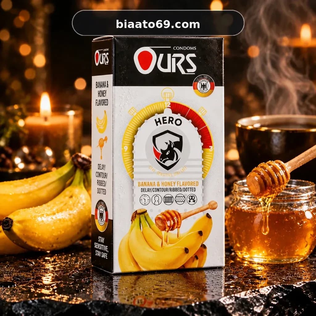 کاندوم اورز مدل هیرو با طعم موز و عسل بسته ۱۲ عددی (تاخیری، خاردار و شیاردار)