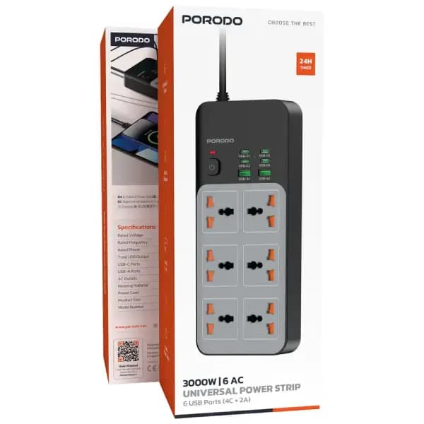 چندراهی برق 3000 وات 6 پریز یونیورسال و 6 پورت USB پرودو مدل Porodo PDFWCH100GY — تصویر ۳