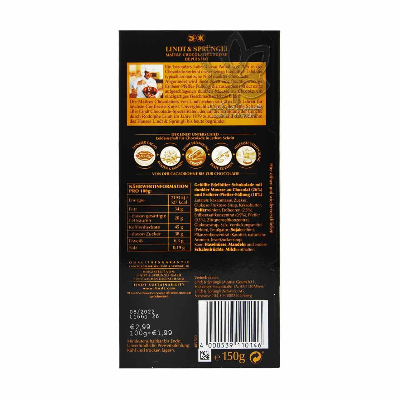شکلات تلخ ۷۰ درصد با موس و مغز توت فرنگی فلفل ۱۵۰ گرم لینت – lindt — تصویر ۲