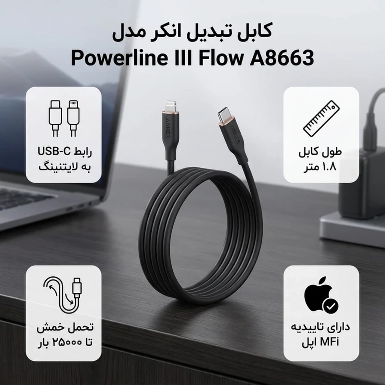 کابل شارژ فست 1.8 متری Anker Type-C To Lightning مدل A8663P11 – مشکی (گارانتی شش ماهه ایویز) — تصویر ۲