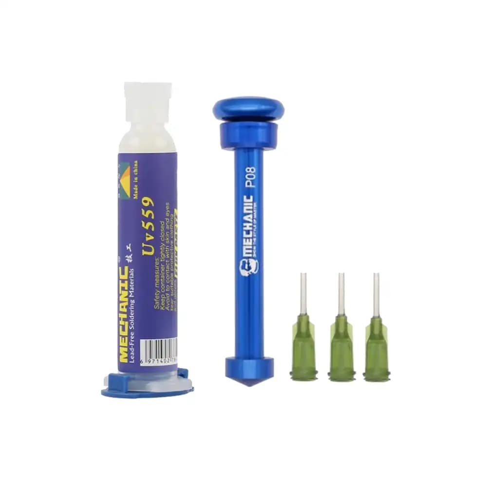 خمیر فلاکس سرنگی مکانیک مدل MECHANIC UV-559 حجم 10cc + سری سوزنی و ابزار پیشران فلزی مدل P08