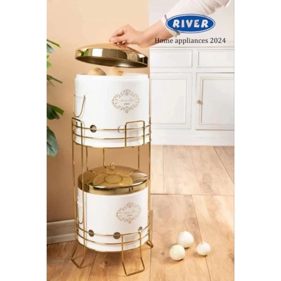 جا سیب زمینی و پیاز دو طبقه ریور RIVER طرح دار سفید درب طلایی کد 5243