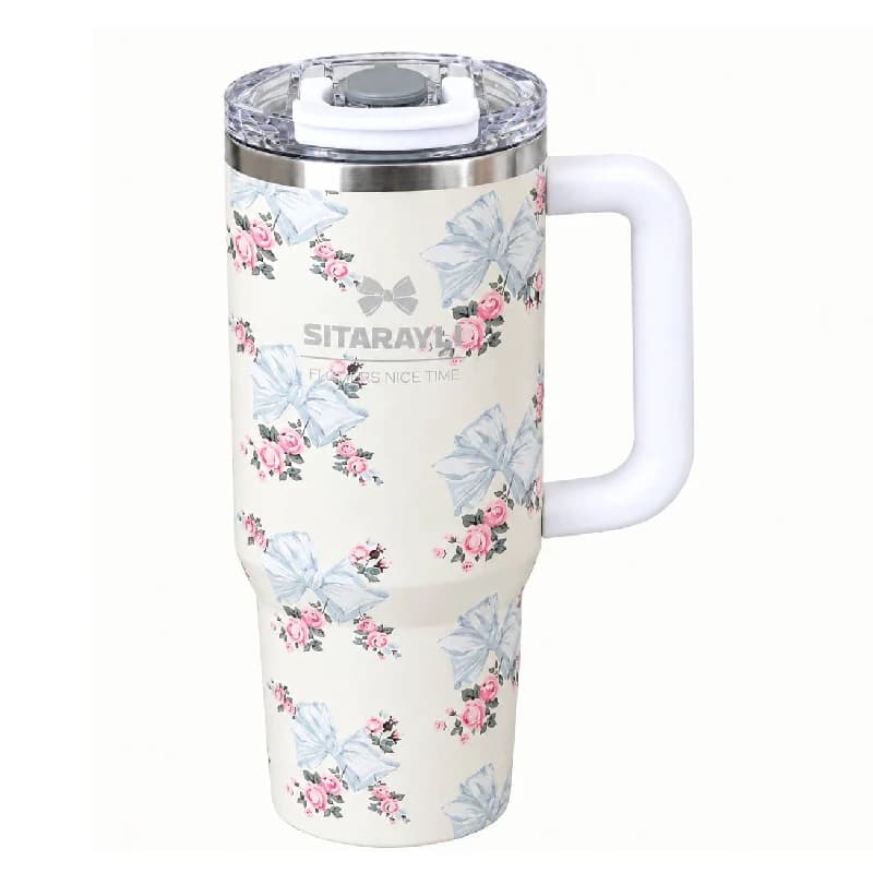 تراول ماگ طرح استنلی Stanley مدل Tumbler طرح Floral Sitarayvari رنگ نیلی گنجایش 900 میلی لیتر
