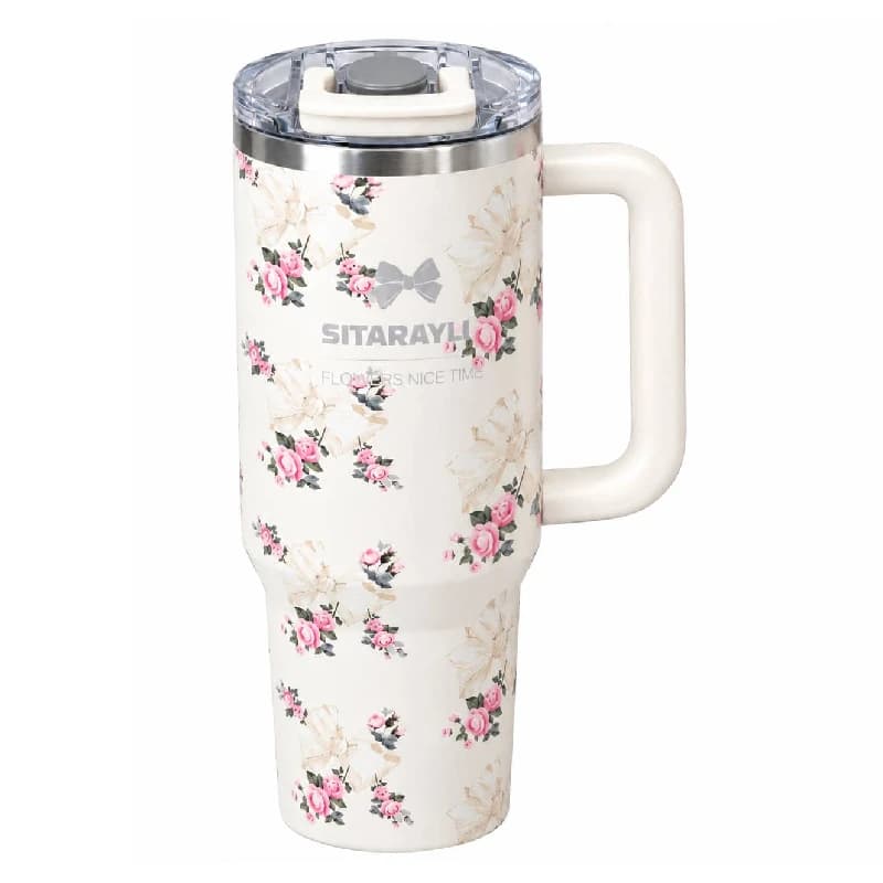 تراول ماگ طرح استنلی Stanley مدل Tumbler طرح Floral Sitarayvari رنگ سفید گنجایش 900 میلی لیتر
