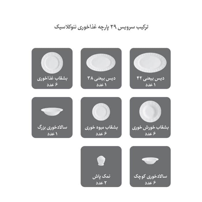 سرویس غذاخوری نئوکلاسیک نارسیس طلایی 29 پارچه چینی زرین — تصویر ۴