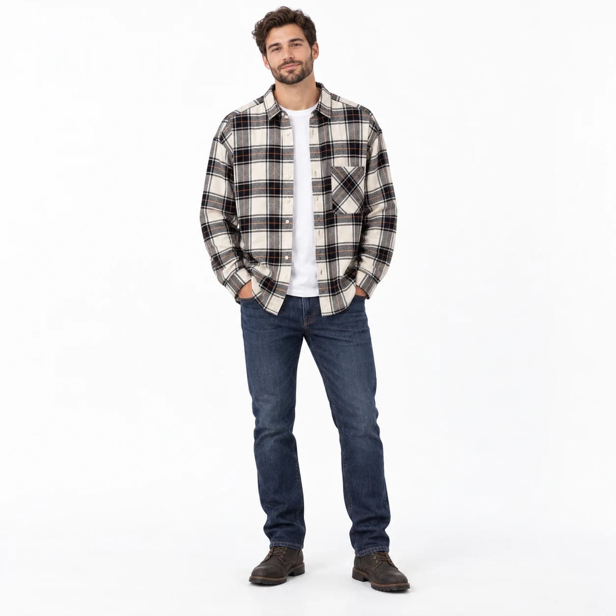 پیراهن پشمی مردانه چهارخانه سفید مشکی وارداتی برند اچ اند ام H&M – کد۰۶ — تصویر ۷
