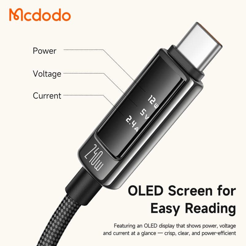 کابل شارژ و دیتا 240وات تایپ سی به تایپ سی مک دودو مدل MCDODO CA-8900 نمایشگر دیجیتال طول 1.2متر — تصویر ۲