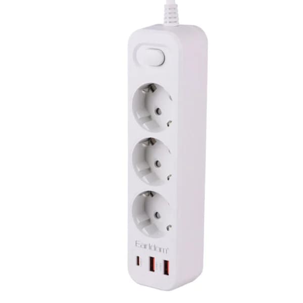 چند راهی 3 خانه ارت دار ارلدام ES-SC13 با کابل 2 متری + شارژر USB و Type-C