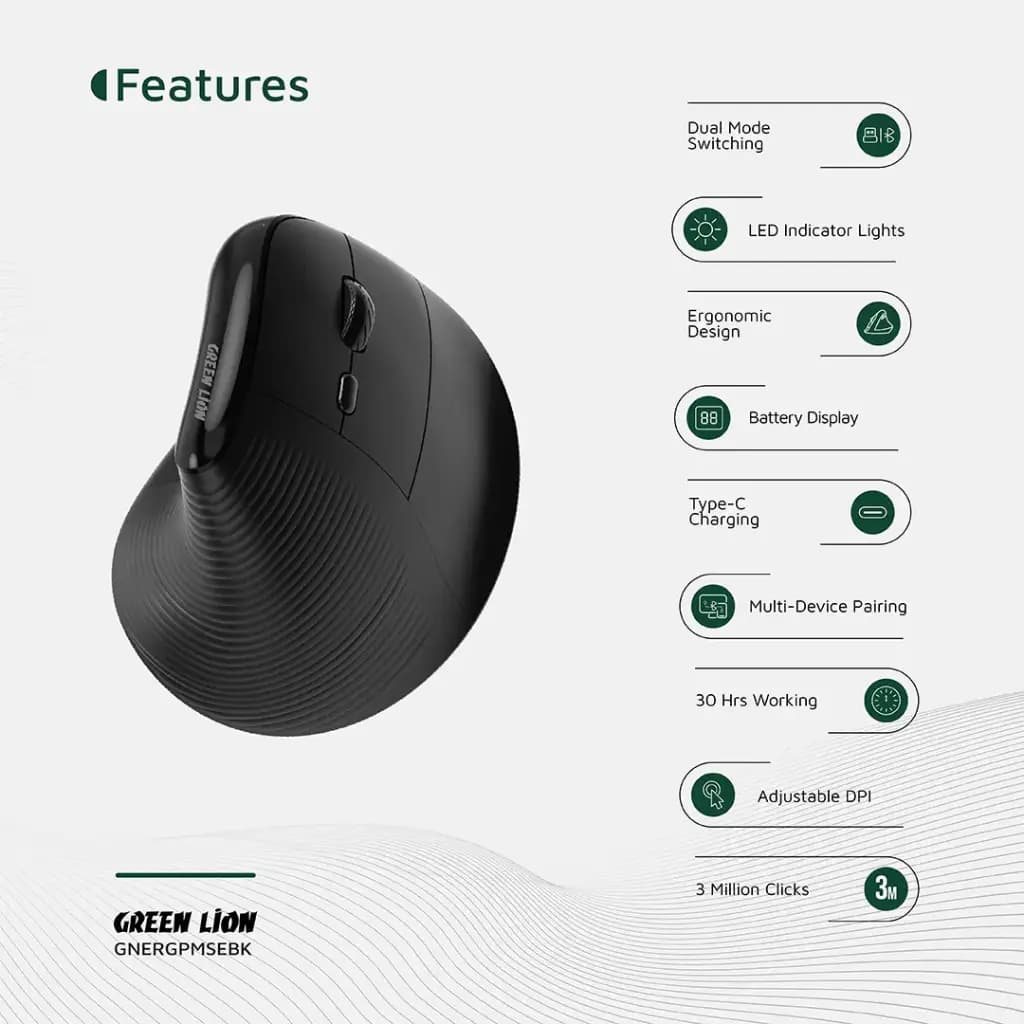 ماوس بی سیم گرین لاین Green Lion Ergo Grip Vertical Mouse GNERGPMSEBK — تصویر ۲