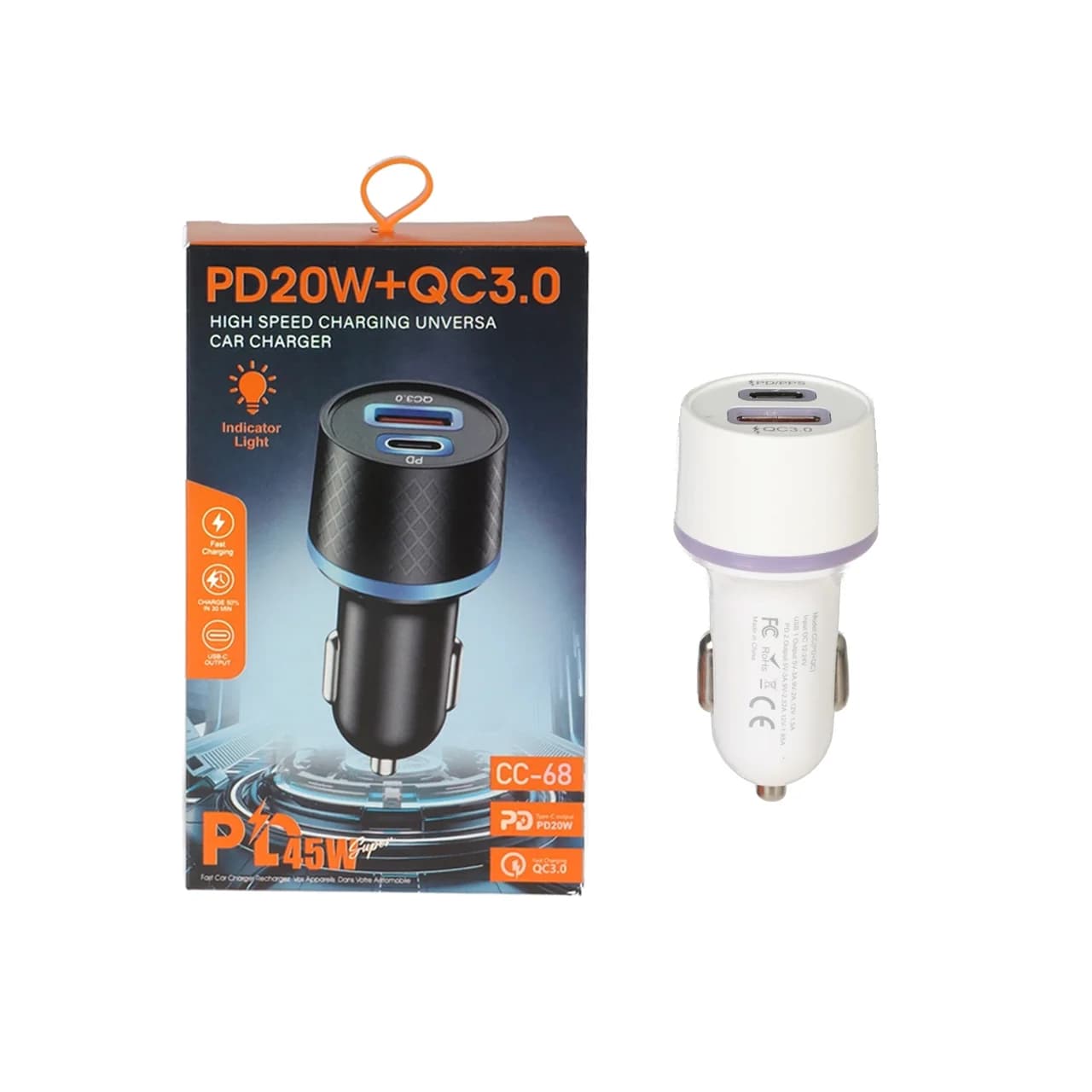 شارژر فندکی PD و فست دو پورت مدل CC-68 45W – سفید DST (گارانتی شش ماهه)
