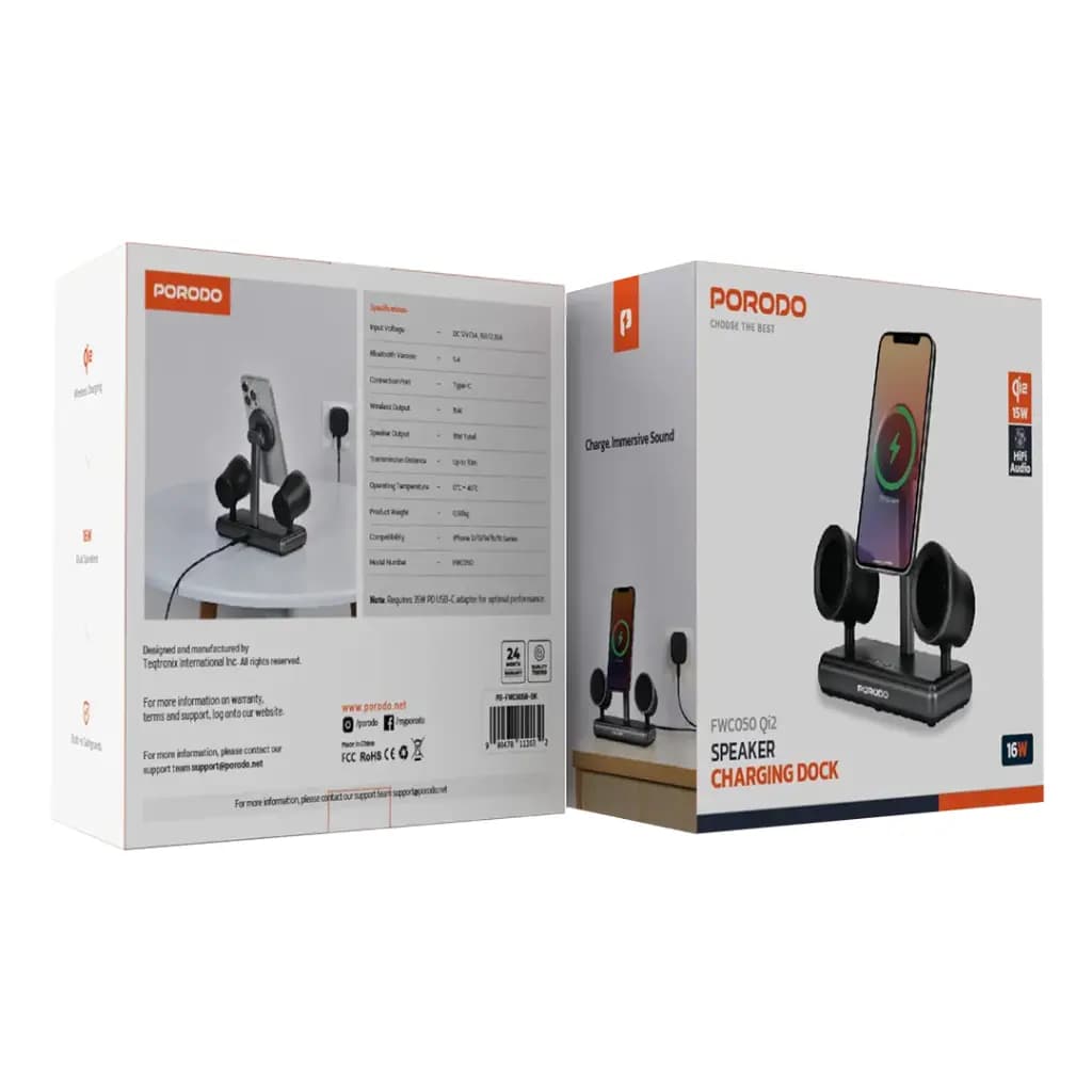استند شارژر وایرلس و اسپیکر دار پرودو مدل Porodo Speaker Charging Dock PD-FWCH050-BK — تصویر ۳