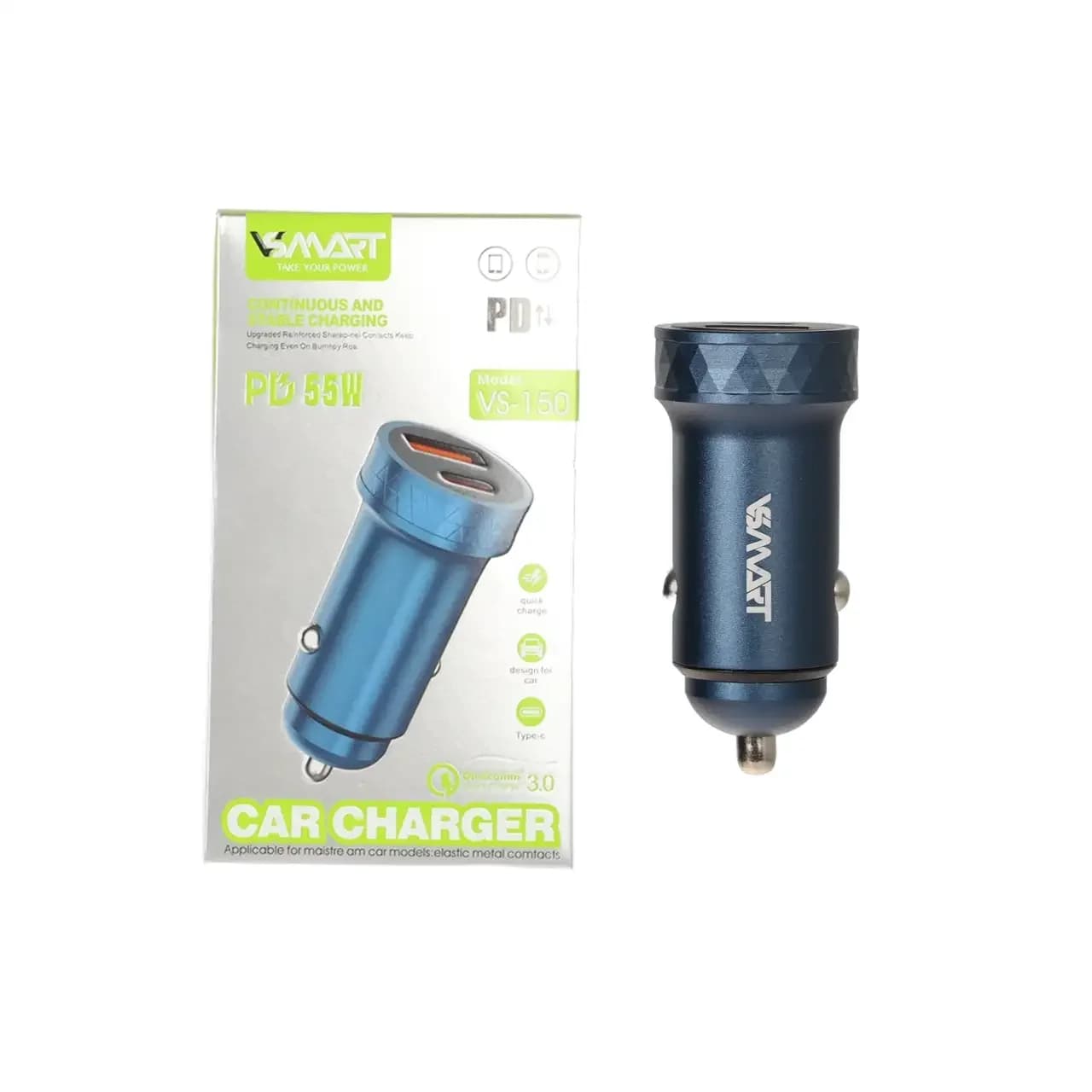 شارژر فندکی PD و فست دو پورت V-Smart مدل VS-150 55W – سرمه ای – BSA