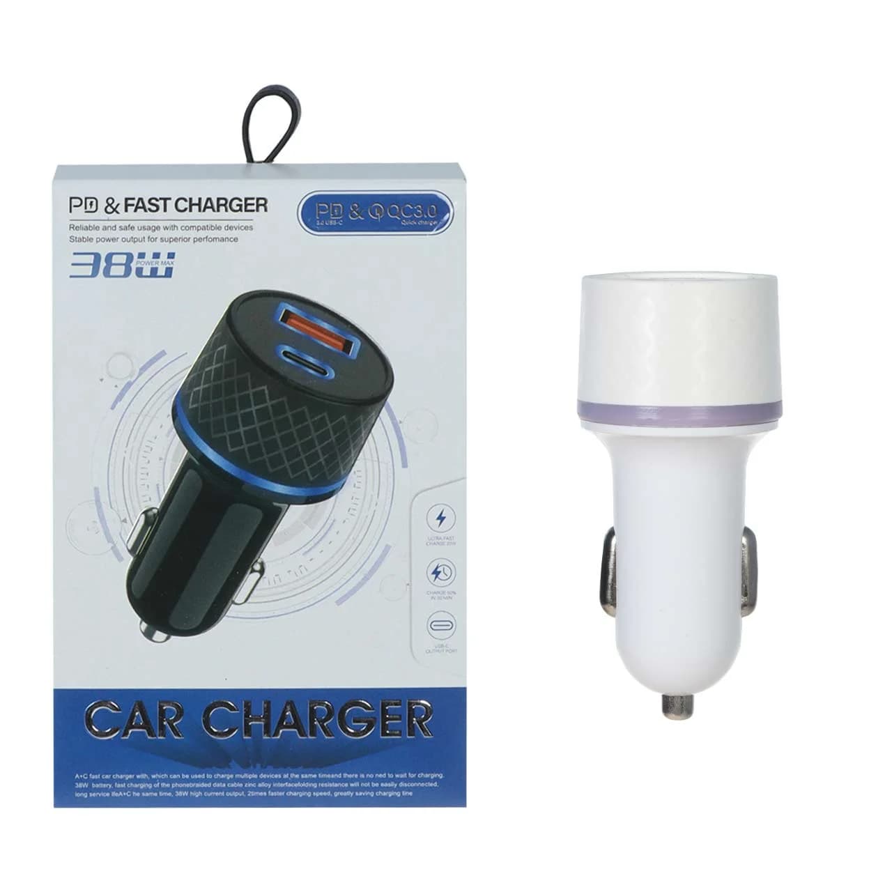 شارژر فندکی فست و PD دو پورت مدل CC(PD+QC) 38W – سفید – BSA