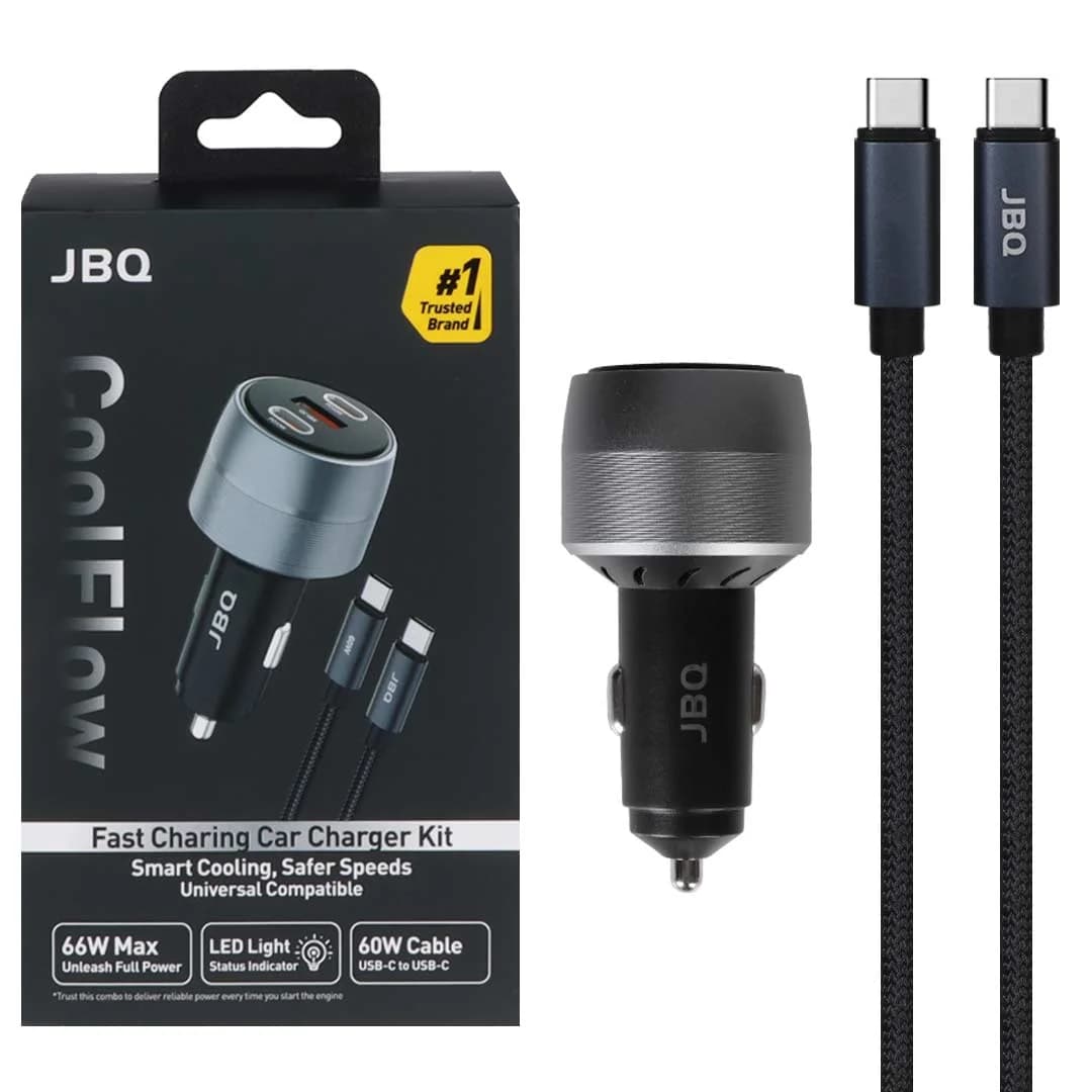 شارژر فندکی PD و فست سه پورت JBQ مدل Cool Flow C82339A 66W به همراه کابل شارژ Type-C To Type-C – مشکی (گارانتی یکساله رصاصی)