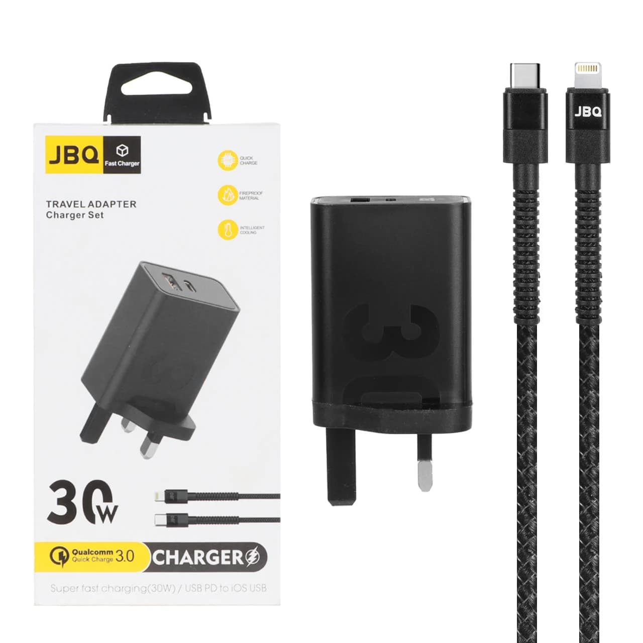 شارژر دیواری فست دو پورت JBQ مدل HC-30w 30W همراه با کابل Type-C To Lightning – مشکی
