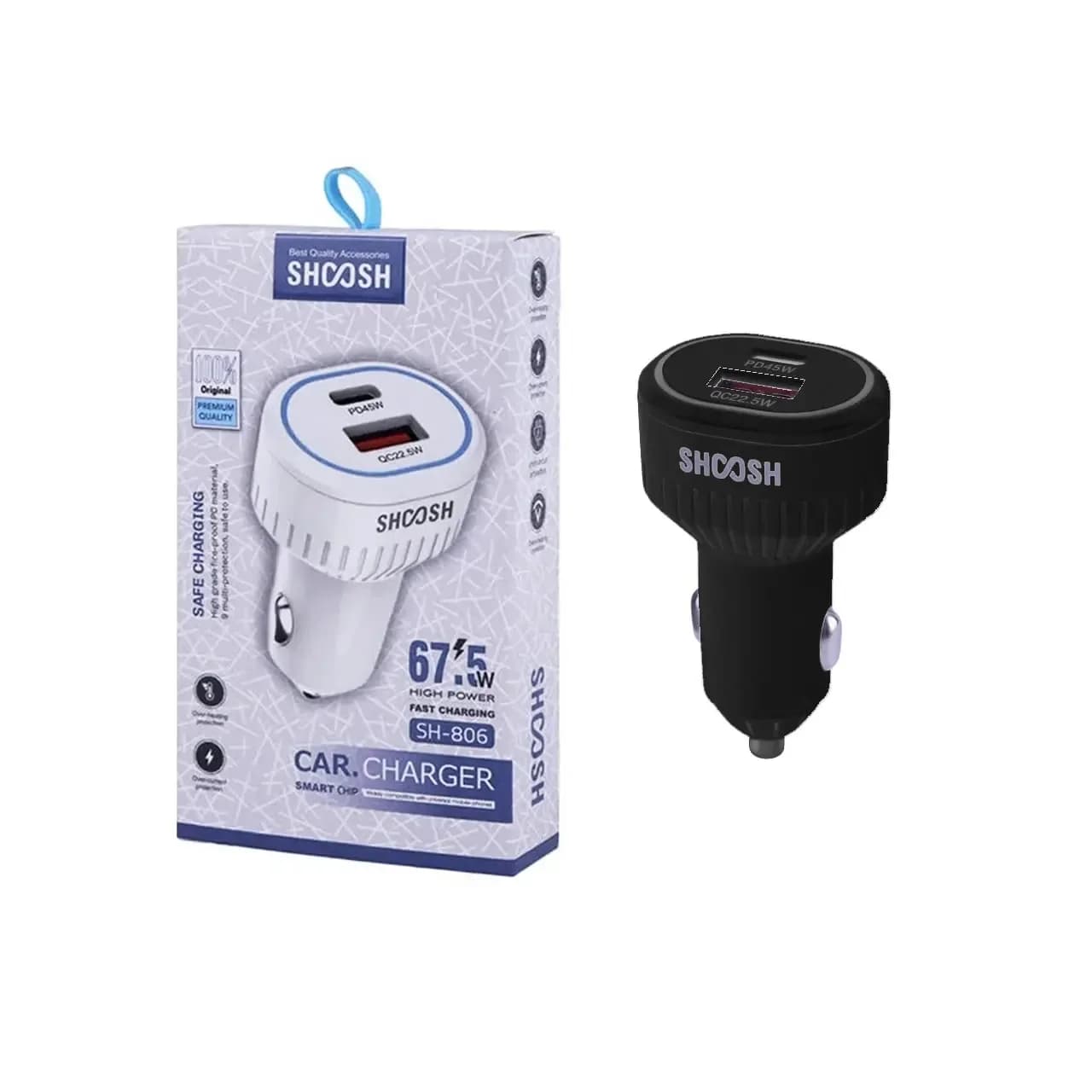 شارژر فندکی فست و PD دو پورت Shoosh مدل SH-806 67.5W – مشکی – SMO