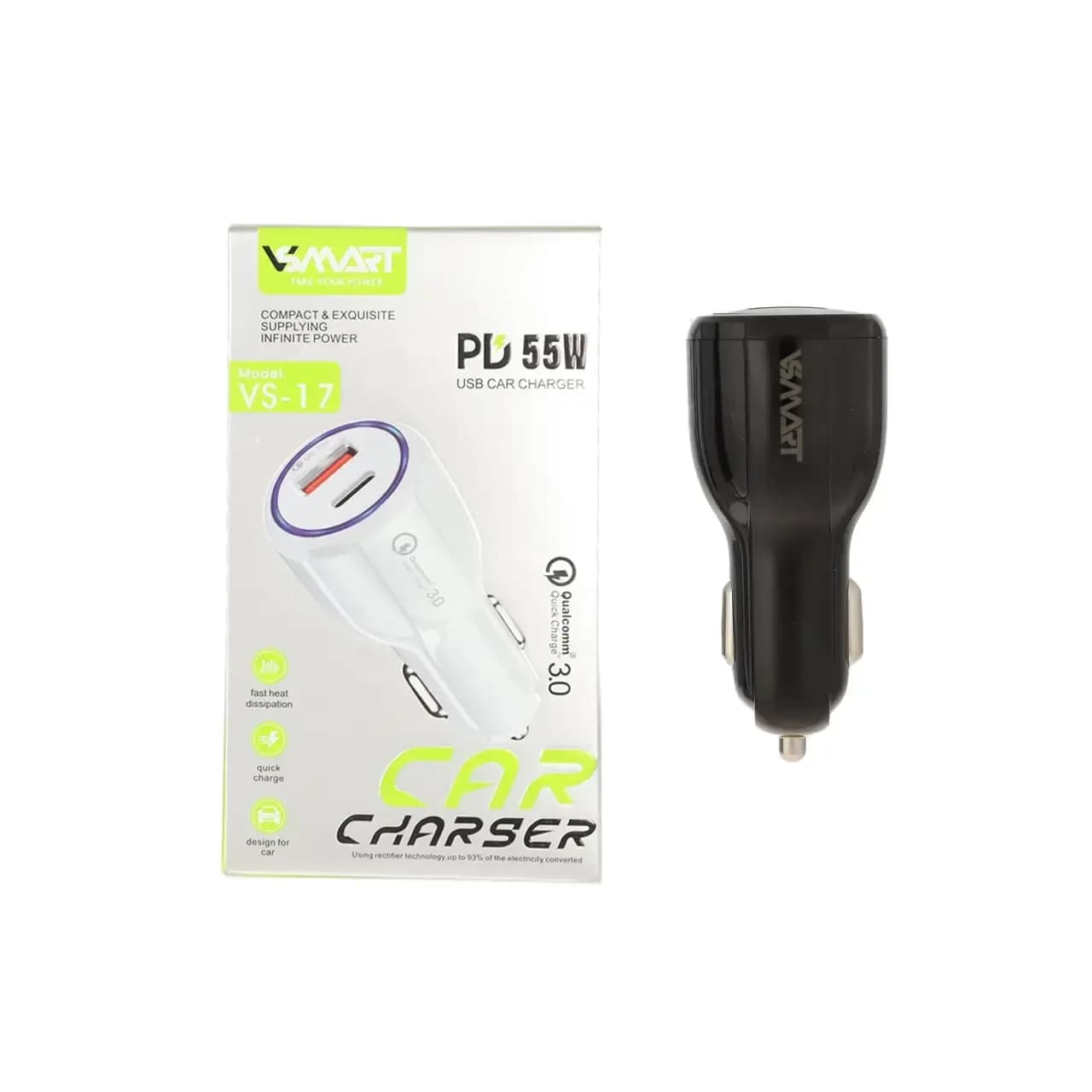 شارژر فندکی PD و فست دو پورت V-Smart مدل VS-17 55W – مشکی – BSA