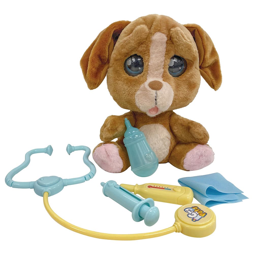عروسک سگ احساسی قهوهای Cry Pets با لوازم دامپزشکی