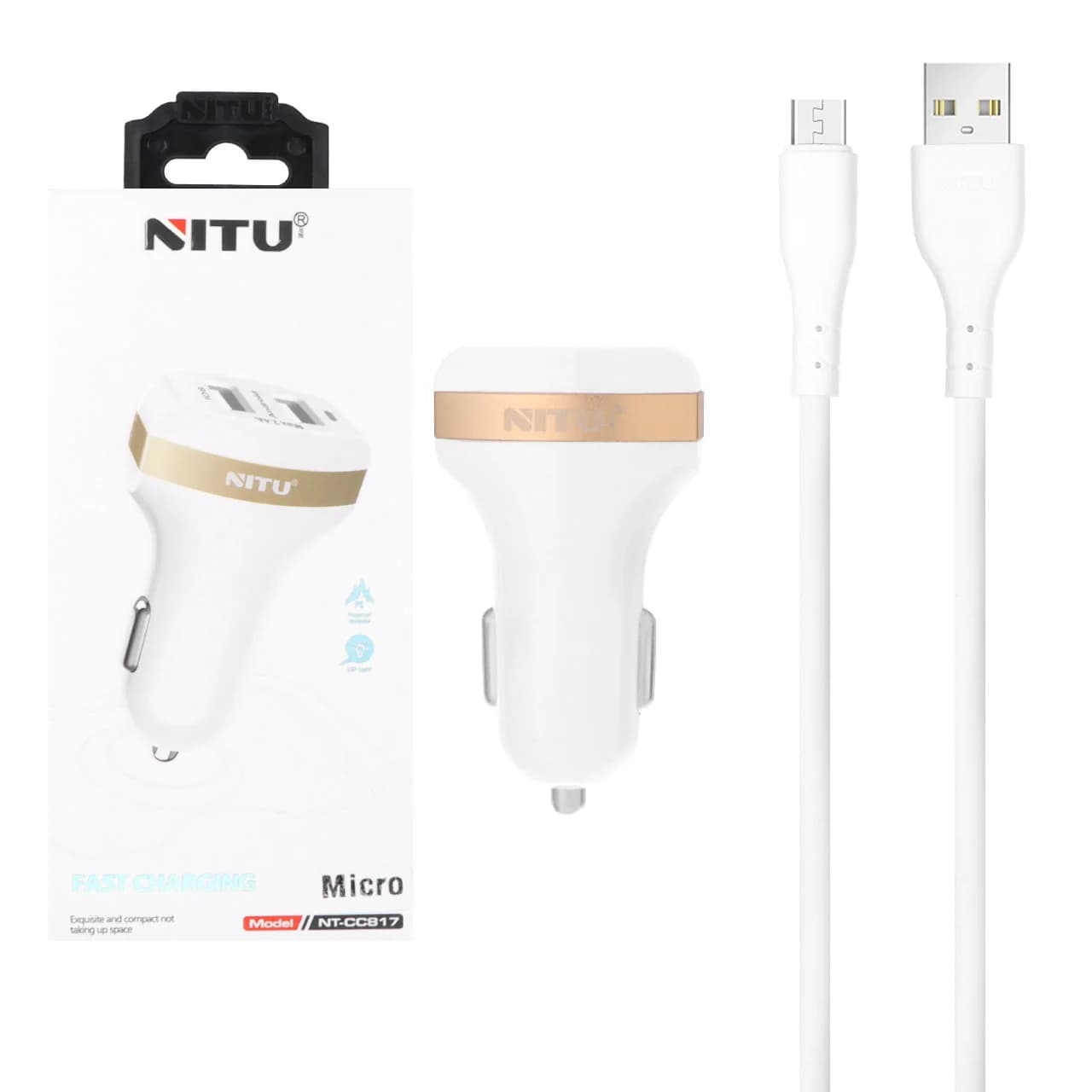 شارژر فندکی فست دو پورت Nitu مدل CC817 12W به همراه کابل شارژ اندروید – سفید (گارانتی 18 ماه تعویض نیکان همراه)