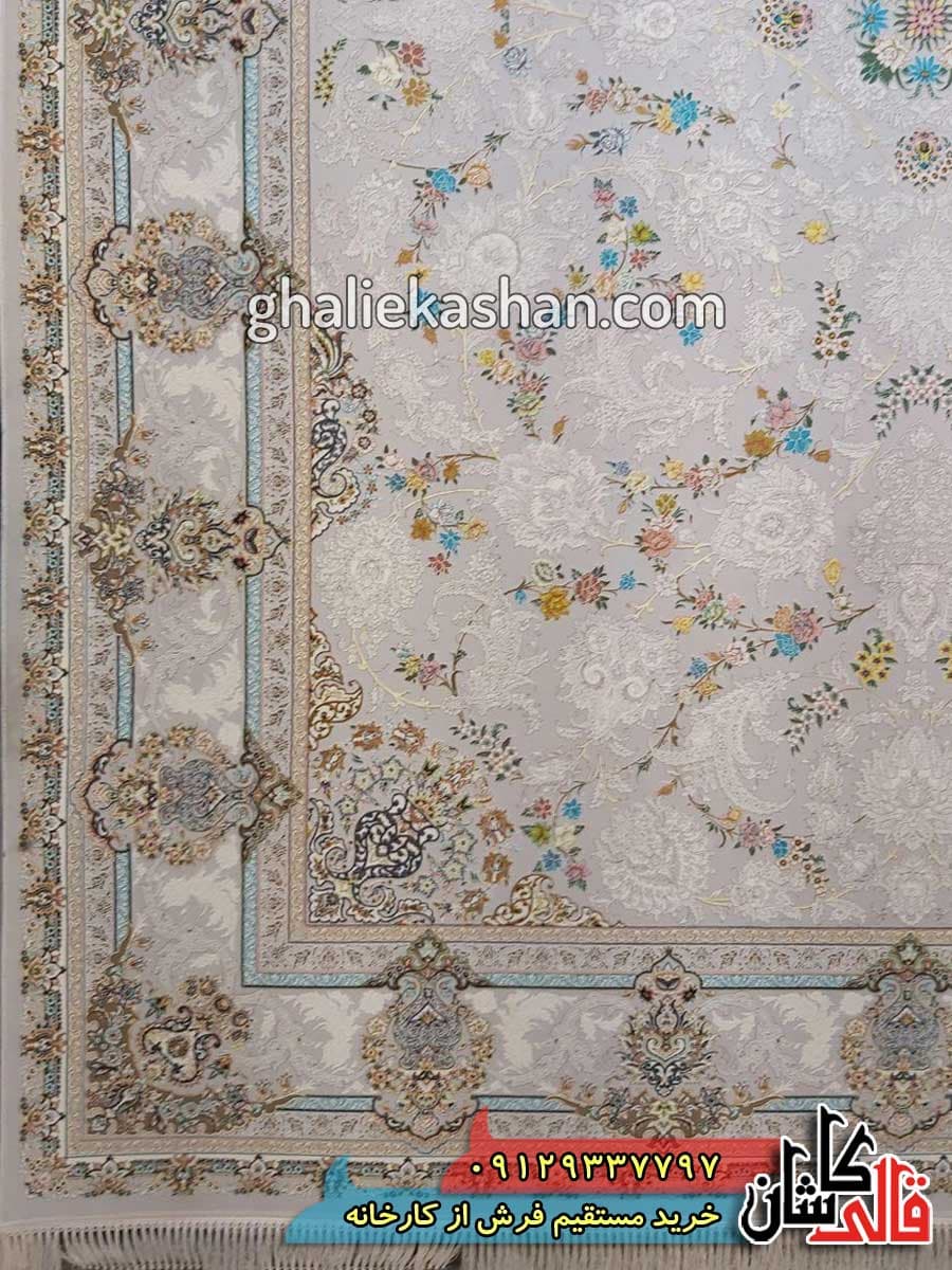 فرش 1200 شانه طرح هشت بهشت زمینه نقره ای کاشان – گل برجسته — تصویر ۳