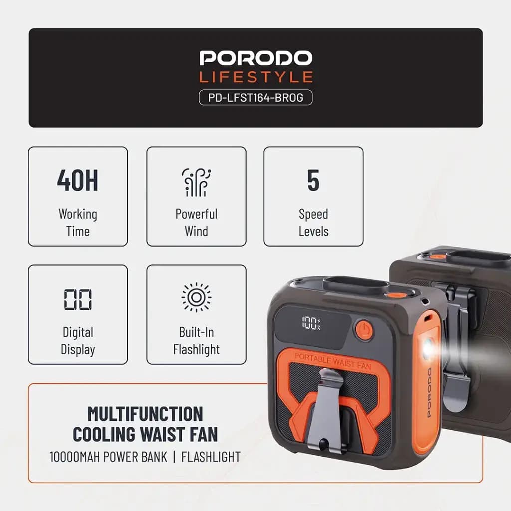 فن خنککننده بدن قابل حمل پرودو مدل Porodo Lifestyle Multifunction Cooling Waist Fan PD-LFST164-BROG — تصویر ۲