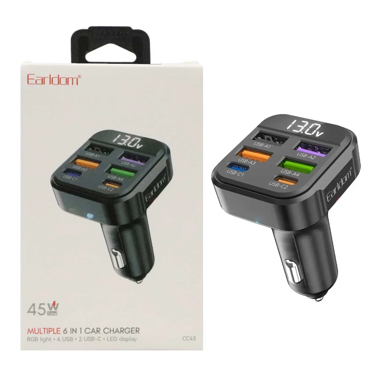 شارژر فندکی فست شش پورت Earldom مدل CC43 45W – مشکی