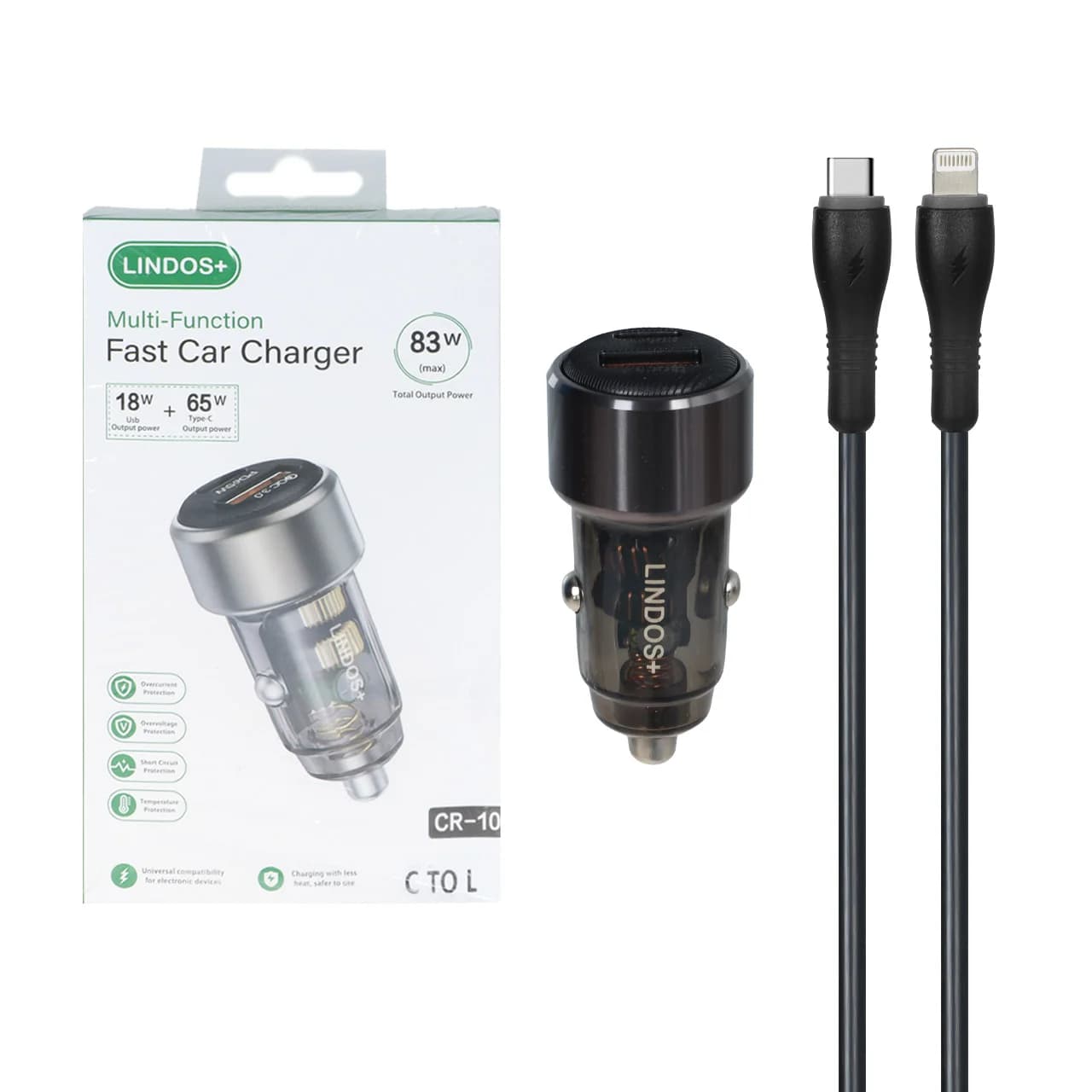شارژر فندکی PD و فست دو پورت +Lindos مدل CR-10 83W به همراه کابل شارژ Type-C To Lightning – مشکی (گارانتی تعویض یکساله شرکتی)