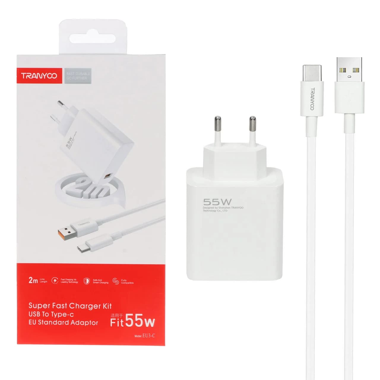 شارژر دیواری 55W فست تک پورت TRANYOO مدل EU3-C به همراه کابل شارژ 2 متری Type-C – سفید