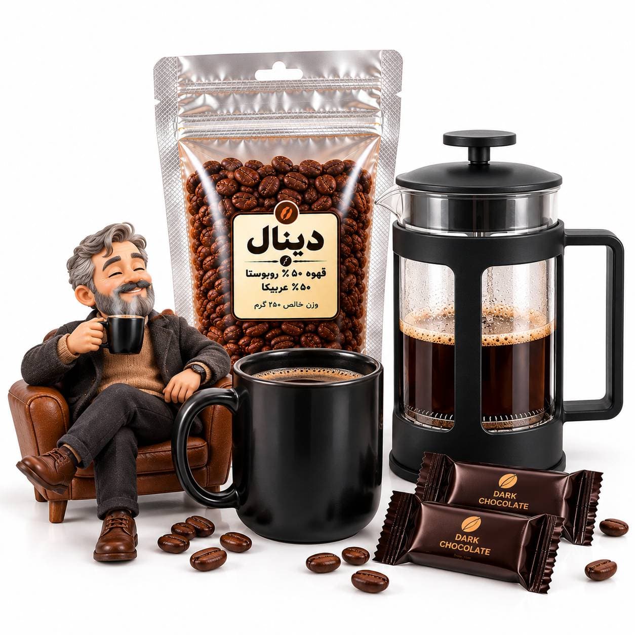 ست هدیه روز پدر دینال | فرنچ پرس، ماگ سرامیکی، قهوه و شکلات تلخ37