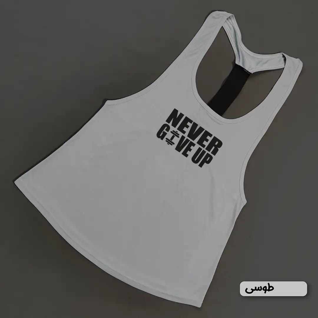 پکیج مردانه ورزشی NEVER GIVE UP | رکابی ، شلوارک، مچ بند و شیکر — تصویر ۴