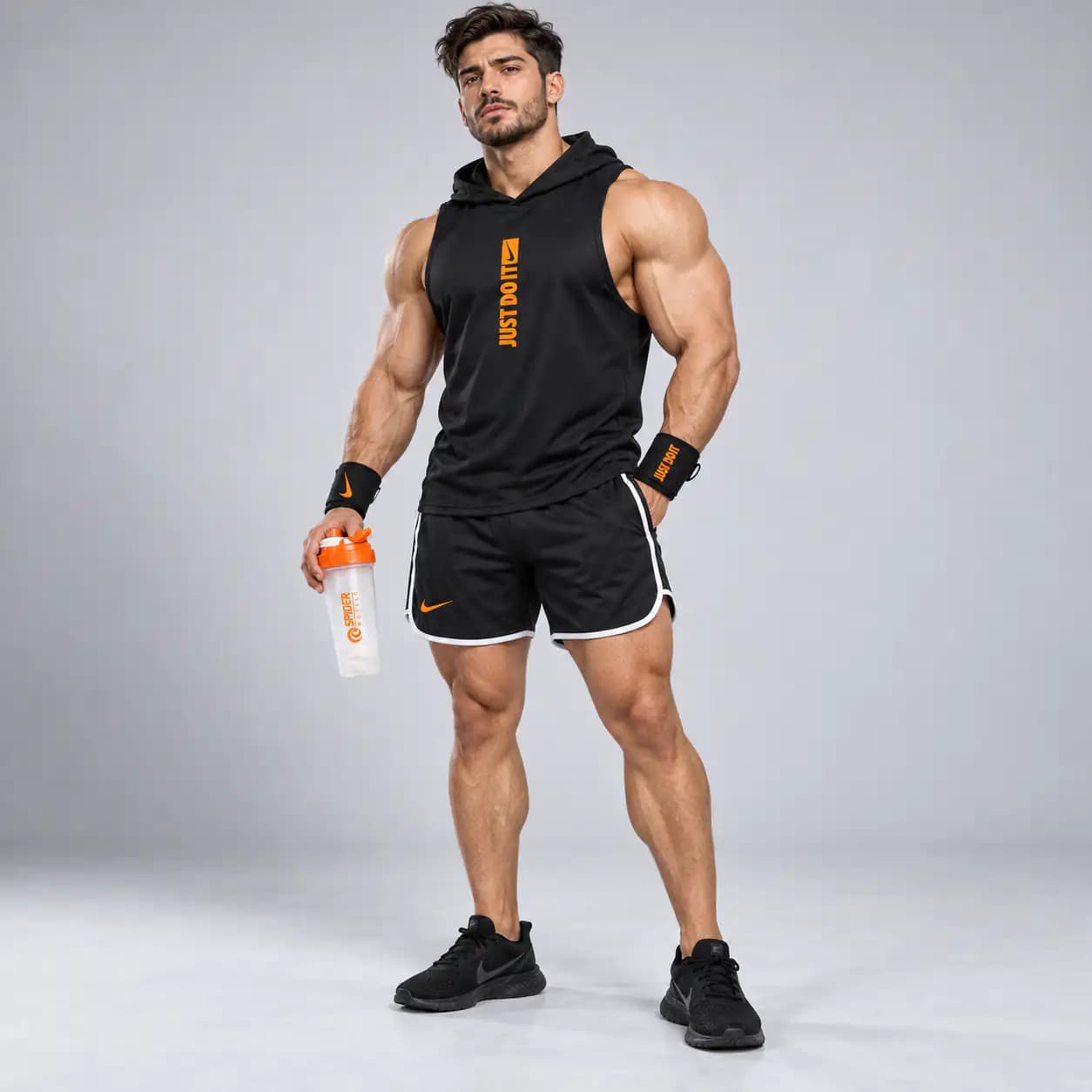 پکیج 5 تکه باشگاهی مردانه JUST DO | تاپ کلاه دار + شلوارک + مچ بند + شیکر — تصویر ۲