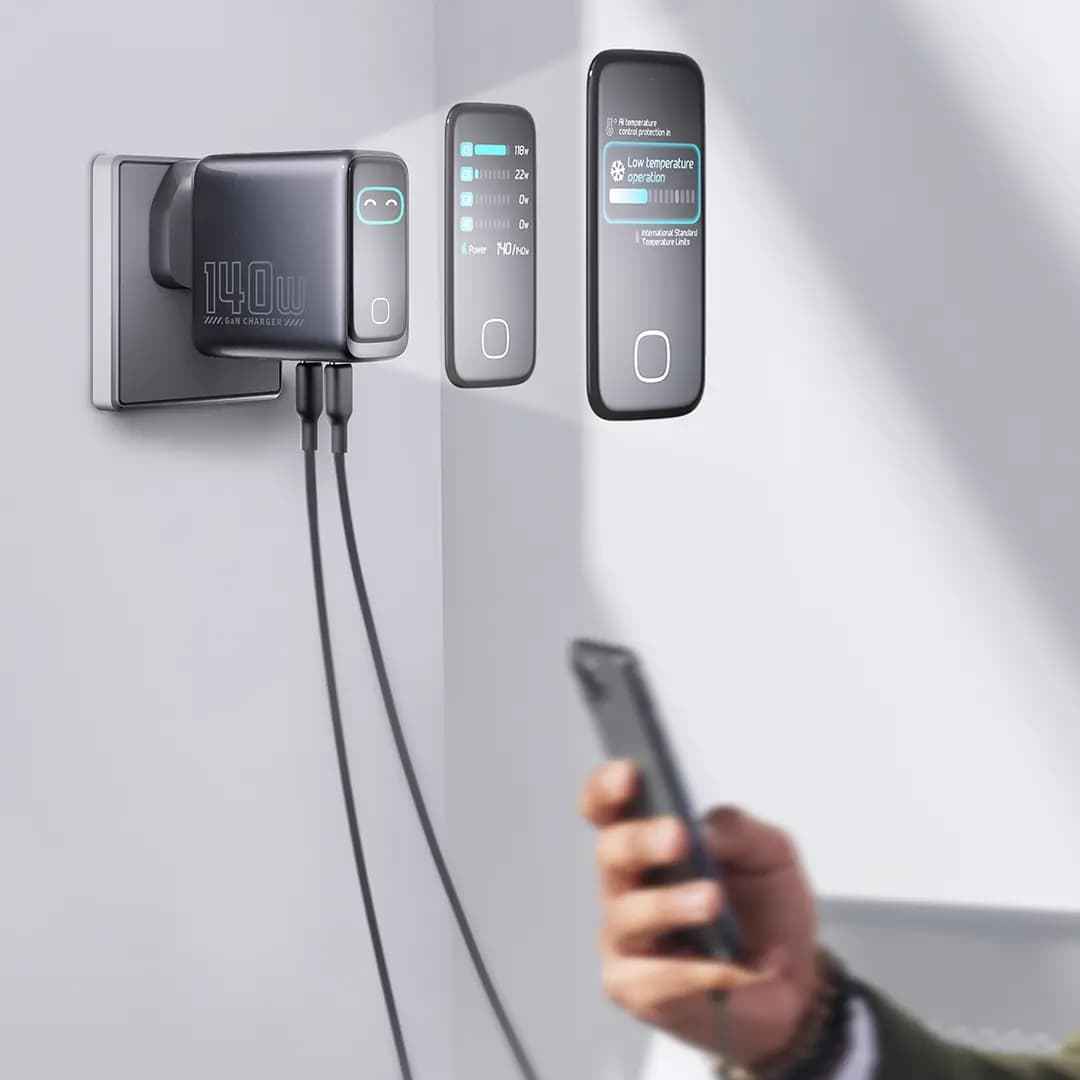 شارژر دیواری ۱۴۰ وات پاورولوژی مدل Voltflow GaN PWGAN140W با نمایشگر TFT — تصویر ۳